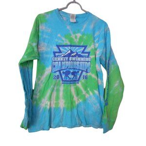 Unisex Green Blue Tie Dye Sz L Long Sleeve  T-shirt Double sided cotton Swimming